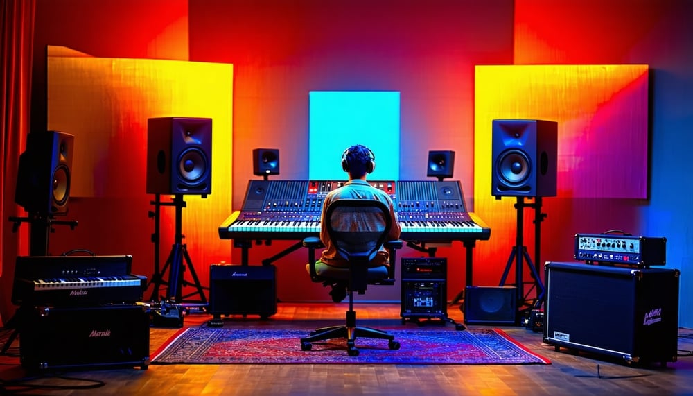 A vibrant music studio with an artist recording their next hit.